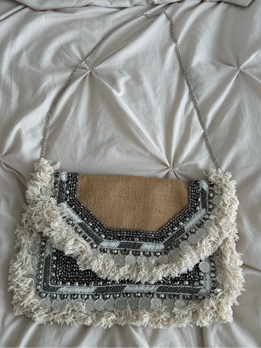 Lulu's Beige Beaded Fringe Clutch